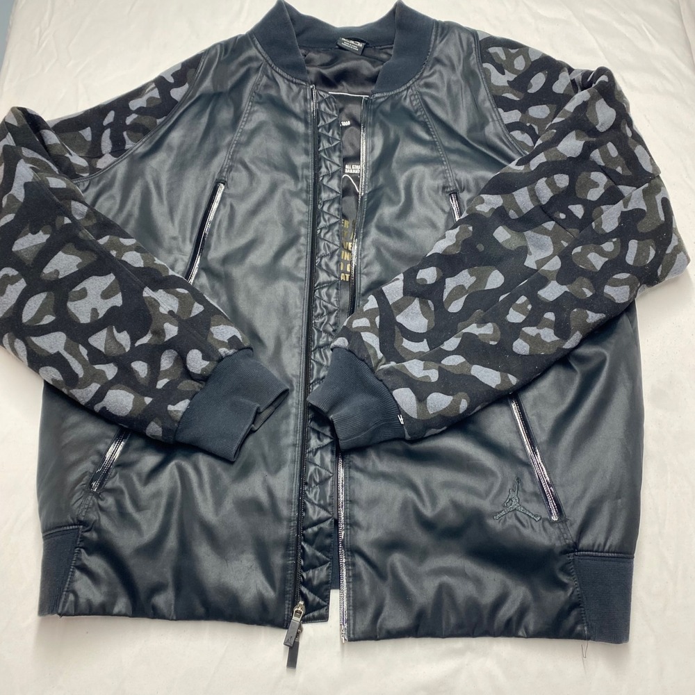 Jordan Mens XL Bomber Jacket Black Faux Leather Elephant Print Wool Sleeve Zip